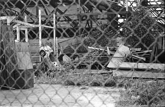Inside Wild Mouse ride under Thunderbolt roller coaster, March 1979