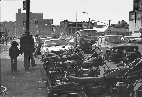 Motorcycles on Surf Avenue in front of Nathan's, March 1978
